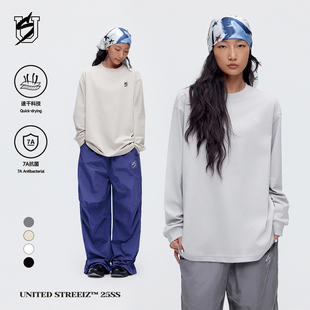 US联邦街牌科技速干长袖 秋冬透气面料宽松街舞嘻哈纯色休闲打底衫