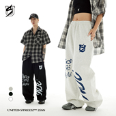 松紧腰脚口抽绳街舞嘻哈休闲百搭长裤 US联邦街牌手绘涂鸦卫裤 美式