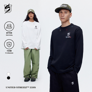 US联邦街牌领口刺绣T恤秋冬刺绣纯色速干透气嘻哈街舞长袖 上衣