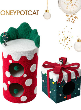 蜜罐猫爬架冬季温暖多层猫窝圣诞节猫桶礼品盒猫窝猫树一体221225