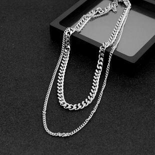 个性简约双层单链项链嘻哈朋克风长项链男女同款锁骨链钛钢金属款