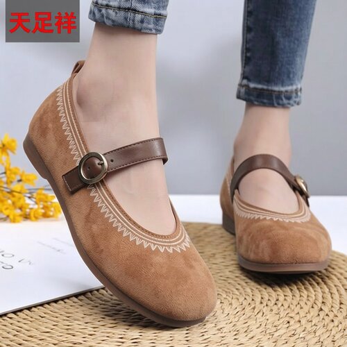 天足祥绒面一字扣平底老北京布鞋