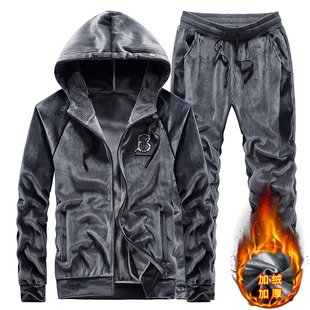 金丝绒套装男秋冬季加绒加厚外套男士宽松双面绒男装套装