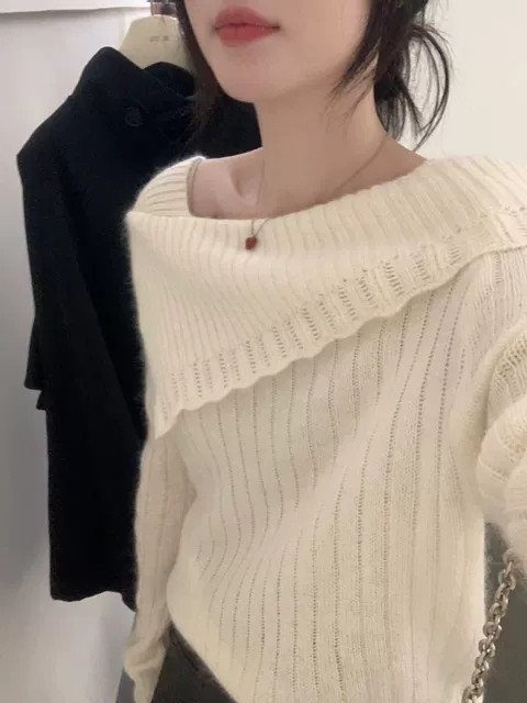 0001站显锁骨气质一字肩羊毛针织衫女装2024秋季时尚百搭毛衣上衣图片