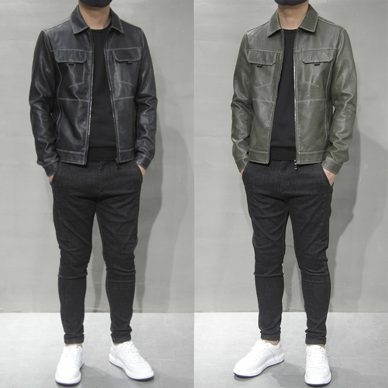 休闲字母刺绣皮衣男士皮夹克