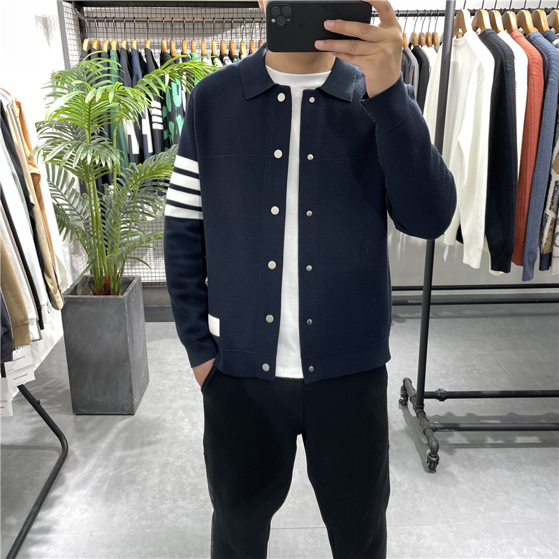 2025冬季新款翻领针织开衫男韩版修身拼色毛衣外套百搭线衣夹克潮,男装,针织衫/毛衣,淘宝优惠券,粉丝福利购,淘宝优惠卷