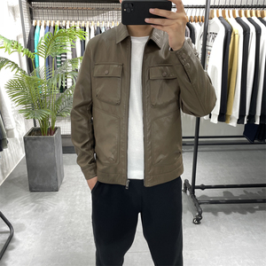秋冬新款皮夹克男士皮衣韩版休闲工装上衣加绒外套多口袋机车服潮