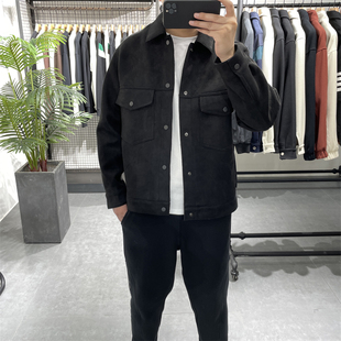 秋季新款麂皮绒翻领皮夹克男时尚潮流复古休闲工装外套多口袋皮衣