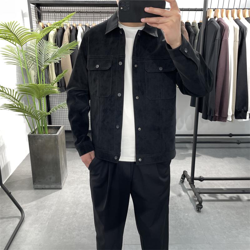 翻领皮衣男士皮夹克休闲工装外套