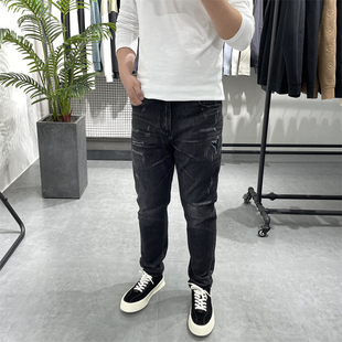 秋季新款黑色水洗破洞牛仔裤男韩版潮流补丁小脚裤弹力休闲乞丐裤