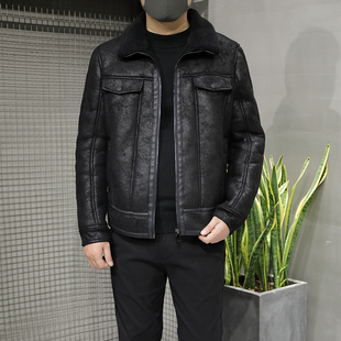 男士 2025冬季 修身 皮毛一体外套男韩版 加绒皮衣保暖加厚皮夹克 新款