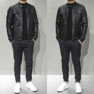 皮夹克青年修身 男士 机车皮衣男帅气休闲加绒皮衣外套立领 新款 春季