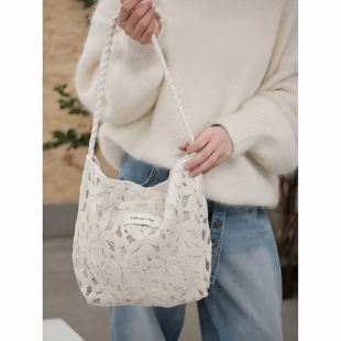 原创气质文艺白色春夏花朵hobo水桶女生单肩包大容量斜挎包通勤