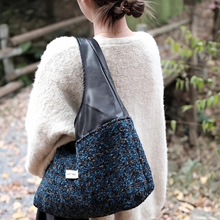 原创设计小众气质孔雀蓝毛呢pu单肩腋下帆布hobo流浪包大容量包包