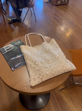 亮片白色蕾丝单肩包托特包帆布包大容量小众包包巨好看通勤布袋女
