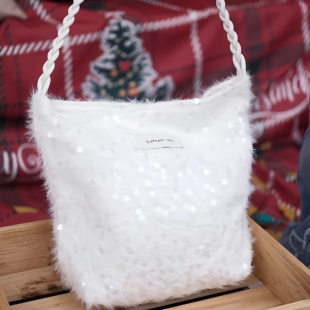 小众时髦白色亮片毛毛小香hobo水桶女生单肩大容量斜挎包包礼物