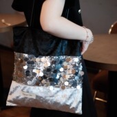 气质黑色亮片时尚 百搭通勤单肩包帆布包大容量小众设计上班轻奢