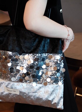 气质黑色亮片时尚通勤单肩包大容量复古小众上班春夏帆布包