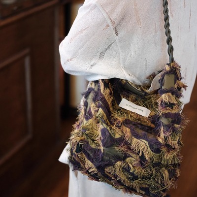 小众新中式重工青紫流苏女生小众单肩包帆布hobo水桶包大容量包包