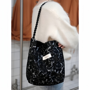 原创气质黑银花朵蕾丝hobo水桶优雅女生单肩大容量斜挎包包礼物