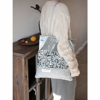 银蓝三拼大容量帆布小方包