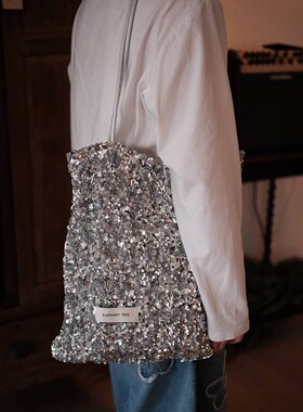 重工银色亮片休闲时尚单肩包大容量小众包包通勤托特包帆布包