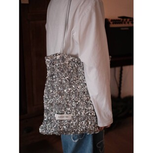 重工银色亮片休闲时尚 单肩包大容量小众包包通勤托特包帆布包