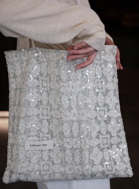 气质浅绿亮片蕾丝女生时尚百搭单肩包帆布包大容量小众包包礼物