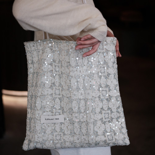 浅绿亮片蕾丝单肩大容量帆布包