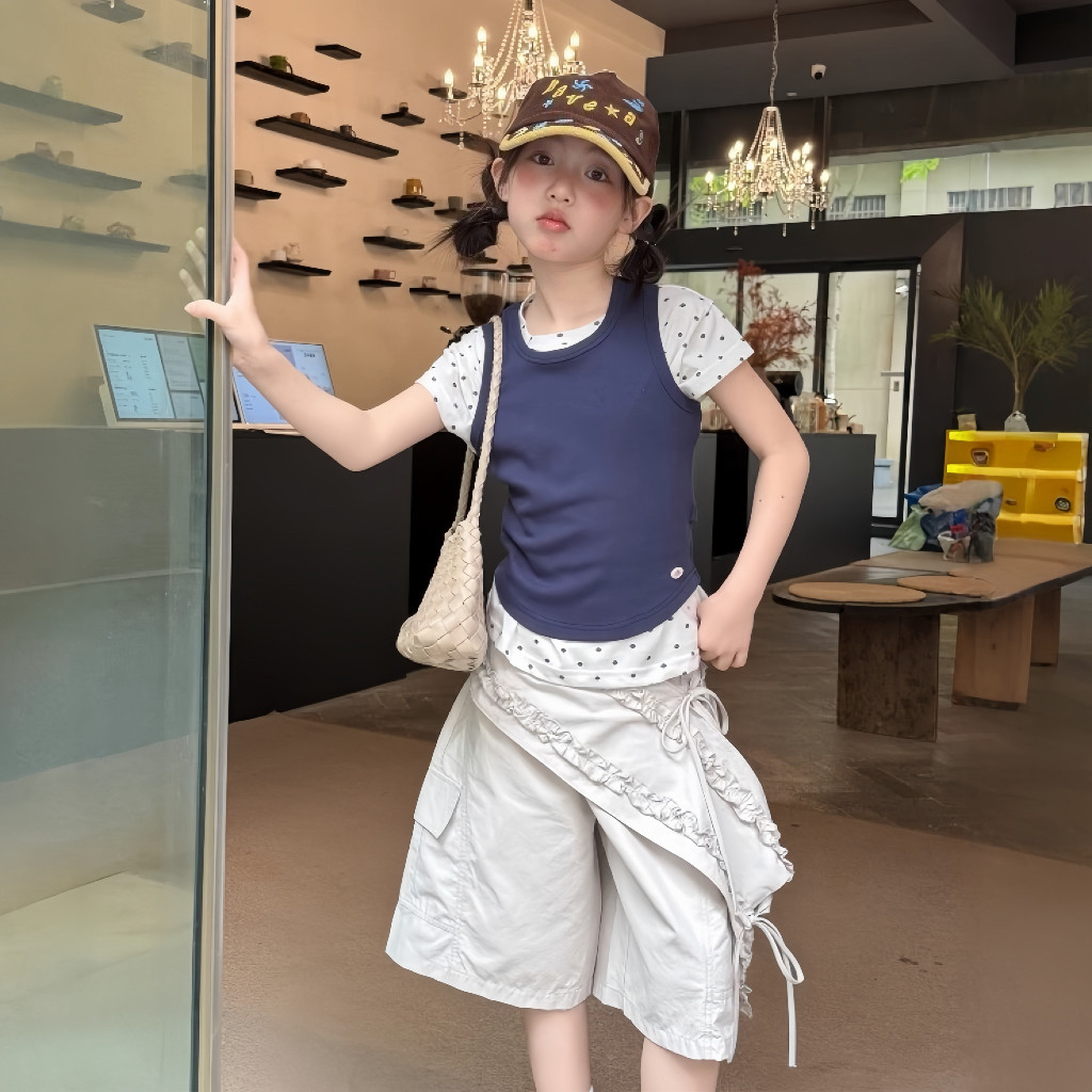 韩版童装2026夏季新款女童设计感洋气七分休闲裤时髦波点短袖上衣