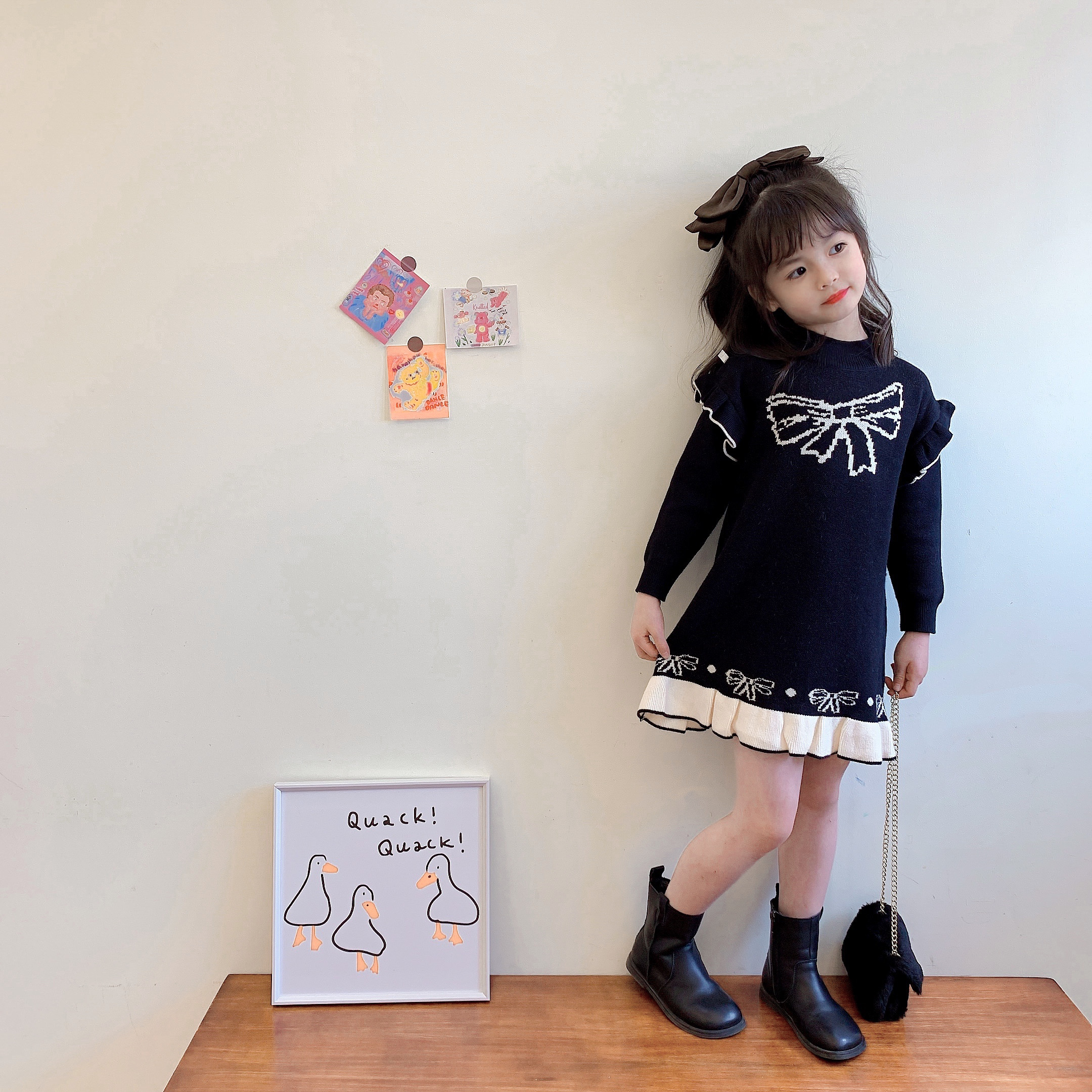 女童公主裙韩国版秋冬新款儿童宝宝甜美小飞袖花边针织毛线连衣裙