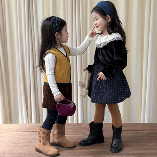 秋款女童洋气复古针织马甲花边领丝绒衬衫宝宝气质灯芯绒短裙套装