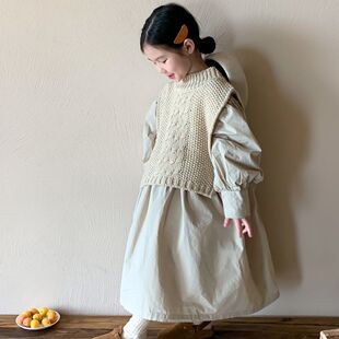 韩系2026秋款女童复古洋气泡泡袖连衣裙儿童宽松长裙针织毛线披肩