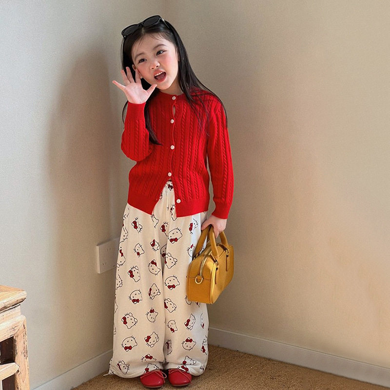 韩版童装2026春季女童洋气麻花针织开衫女宝宝时髦百搭卡通休闲裤