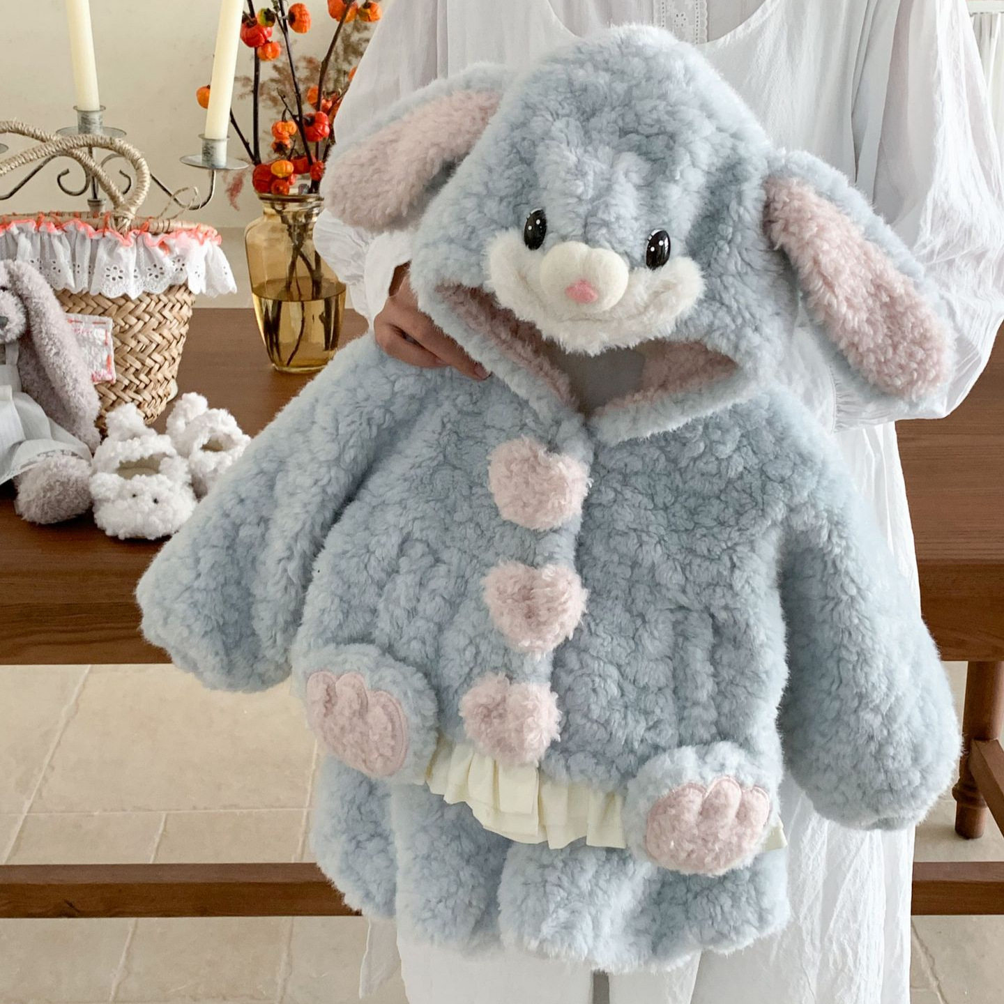 韩版童装冬款女童可爱洋气加绒兔耳朵造型毛毛外套加厚花苞裤套装