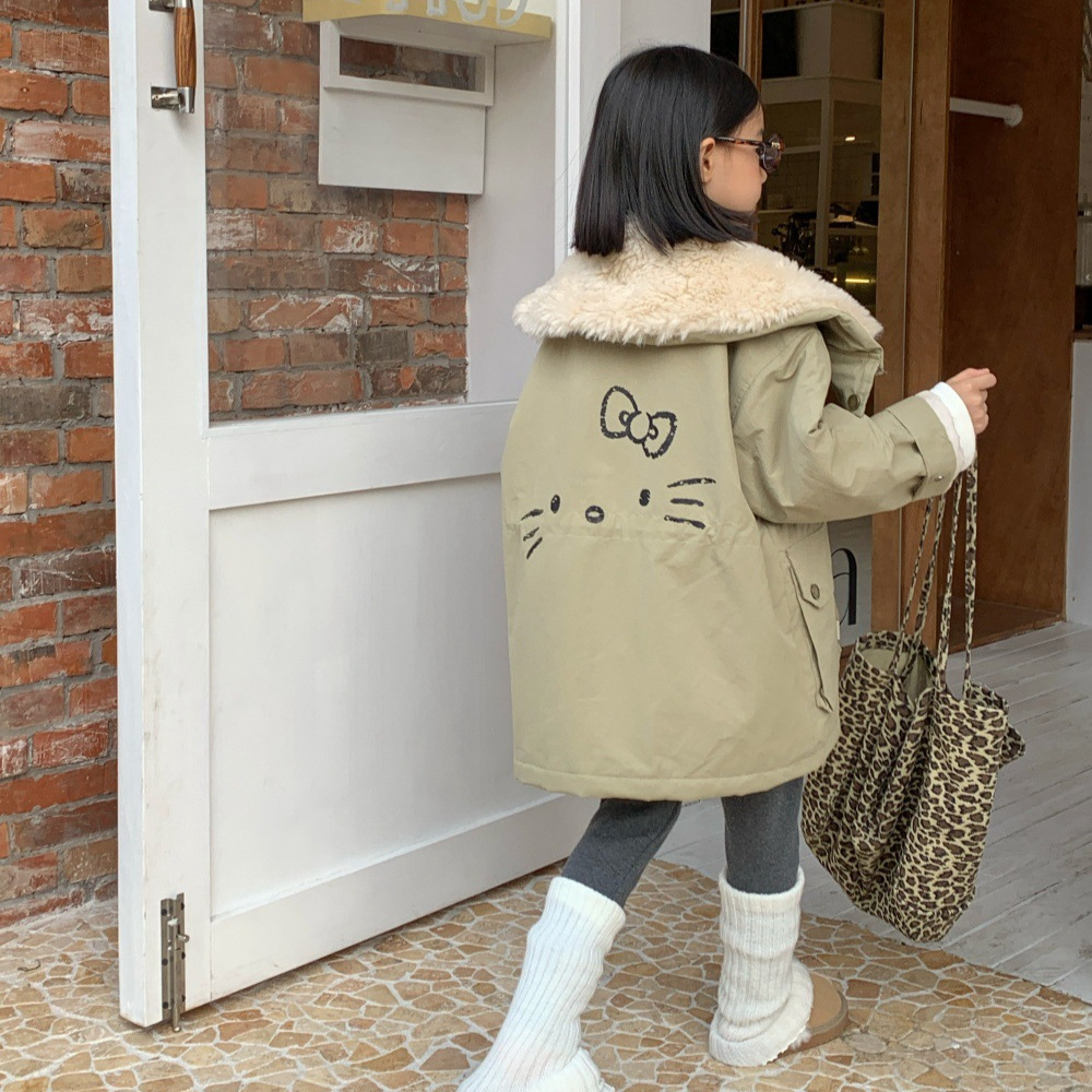 女童外套2025冬款韩版中大童复古洋气工装夹克大衣女孩加绒派克服