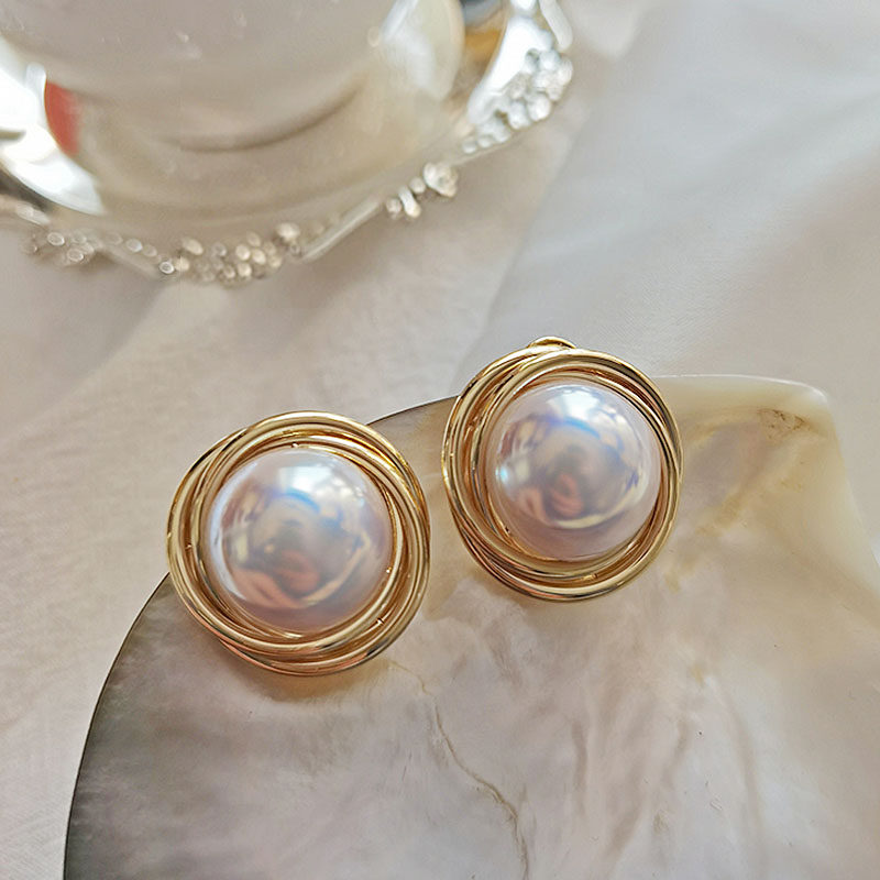 螺旋状金边镜面珍珠耳钉奶油感超仙百搭简约性感耳环日韩银针耳饰