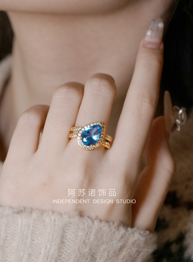 阿苏诺原创极光海蓝钻宝石轻奢气质水滴戒指高级感潮人少女学生