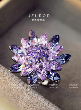 UZUROD2026渐变紫水晶莲花戒指多层水钻花朵清冷感显白重工氛围感