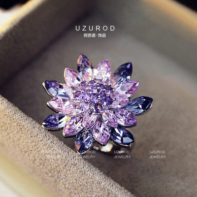 UZUROD2026渐变紫水晶莲花戒指多层水钻花朵清冷感显白重工氛围感