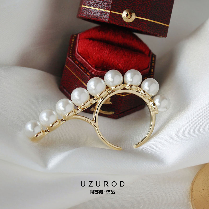 单排连体时尚几何珍珠夸张长戒指