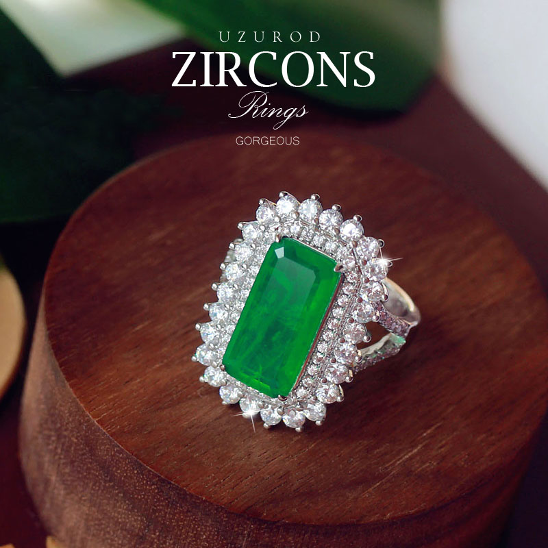 高端大气长方形仿真祖母绿碧玺开口戒指女群镶锆石活口宴会送妈妈