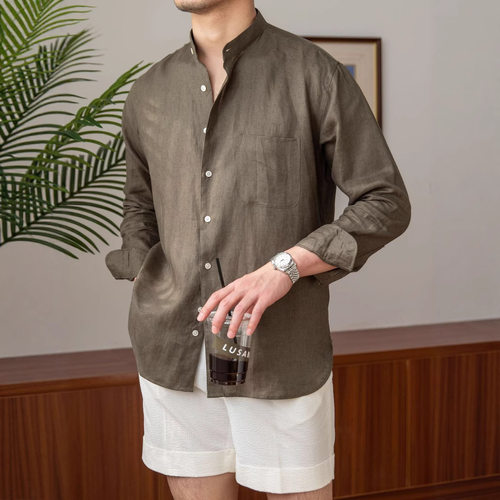 Casual breathable pure linen long sleeved shirt for men衬衫