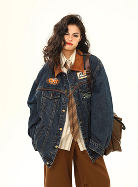 美式复古牛仔外套男女机车夹克情侣宽松上衣Men's denim jacket