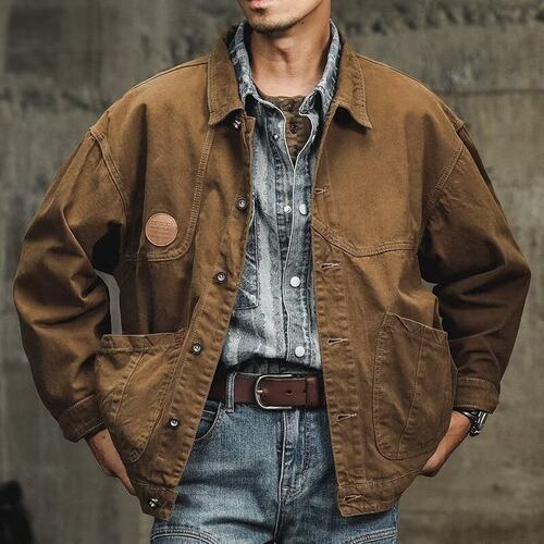 美式复古工装外套男秋季潮牌宽松休闲棕色古着牛仔夹克jacket men