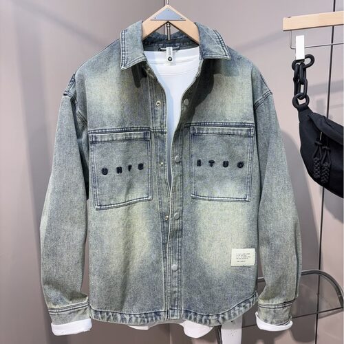 美式复古牛仔外套男春秋潮牌水洗做旧夹克上衣服Denim jacket men