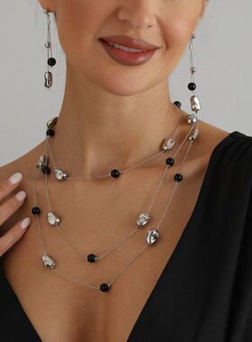 欧美跨境饰品 不规则金豆珍珠长款项链 法式慵懒风毛衣链通勤项饰