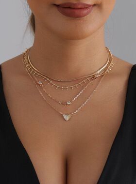 欧美跨境饰品流苏链条镶钻爱心项链女 时尚多层设计小众V型锁骨链