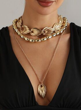 欧美跨境饰品复古纹理叶片吊坠项链小麦色性感潮流毛衣链个性颈链