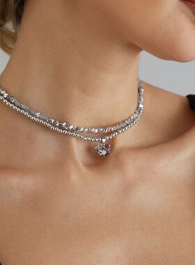 欧美跨境饰品不规则碎冰串珠爱心双层项链 ins个性百搭毛衣项饰女